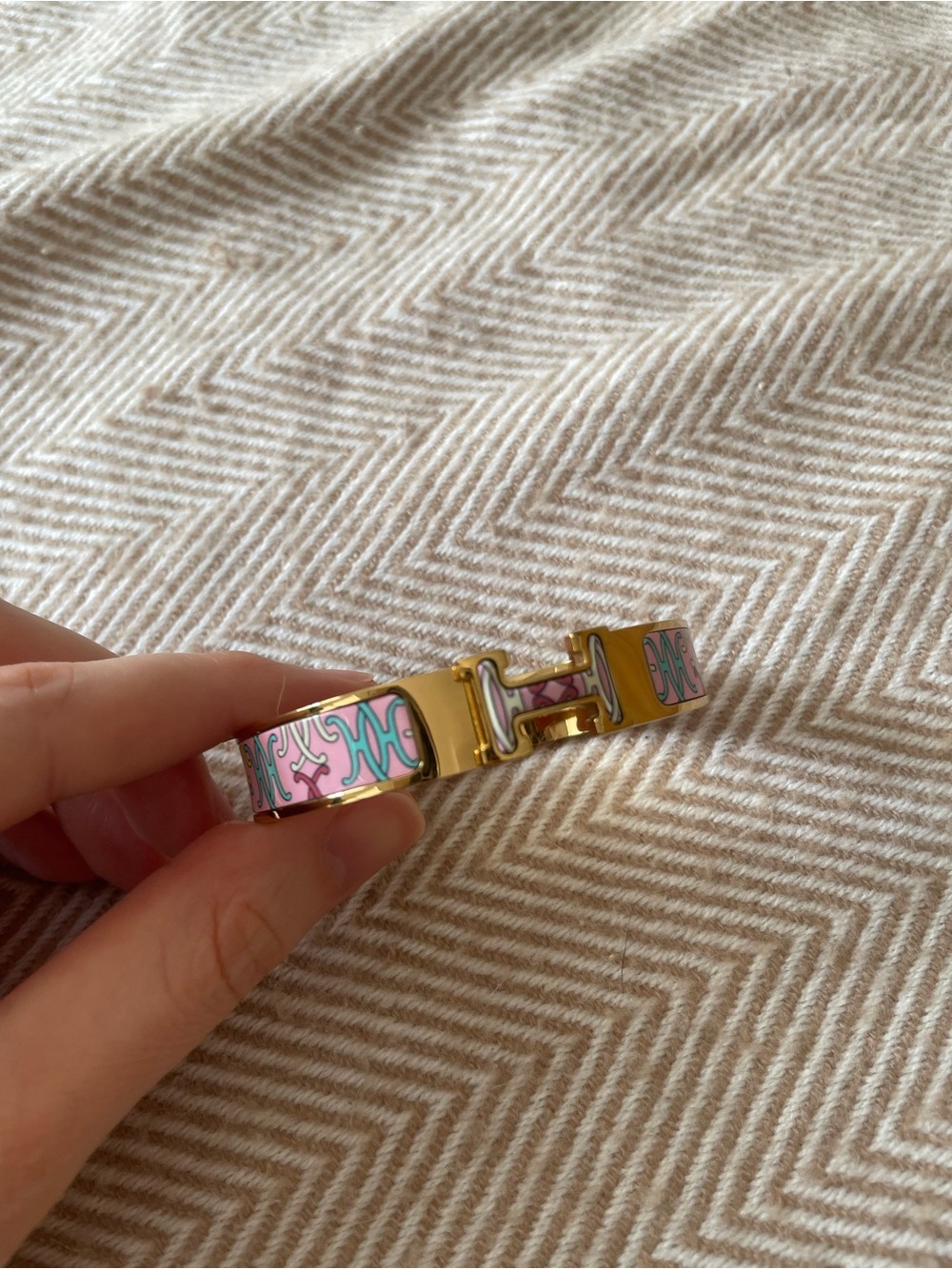 H inspired Gold & Pink Enamel H H Cuff Bracelet - Picture 7 of 7